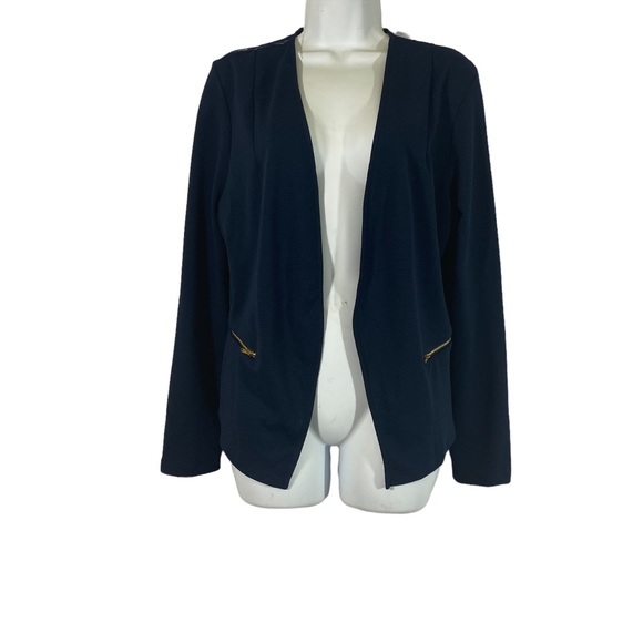 Kali Size Large Blazer Jacket Navy Blue Open Front Lace Gold Zipper Pocket - Picture 1 of 10